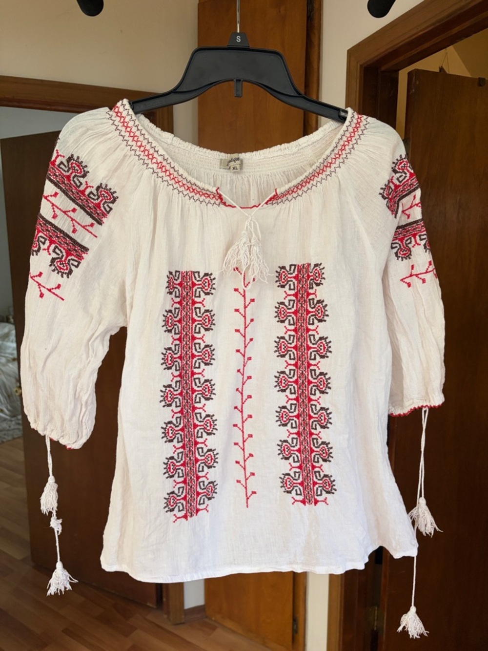 Bohemian Embroidered Peasant Top - White with Red & Black Detail